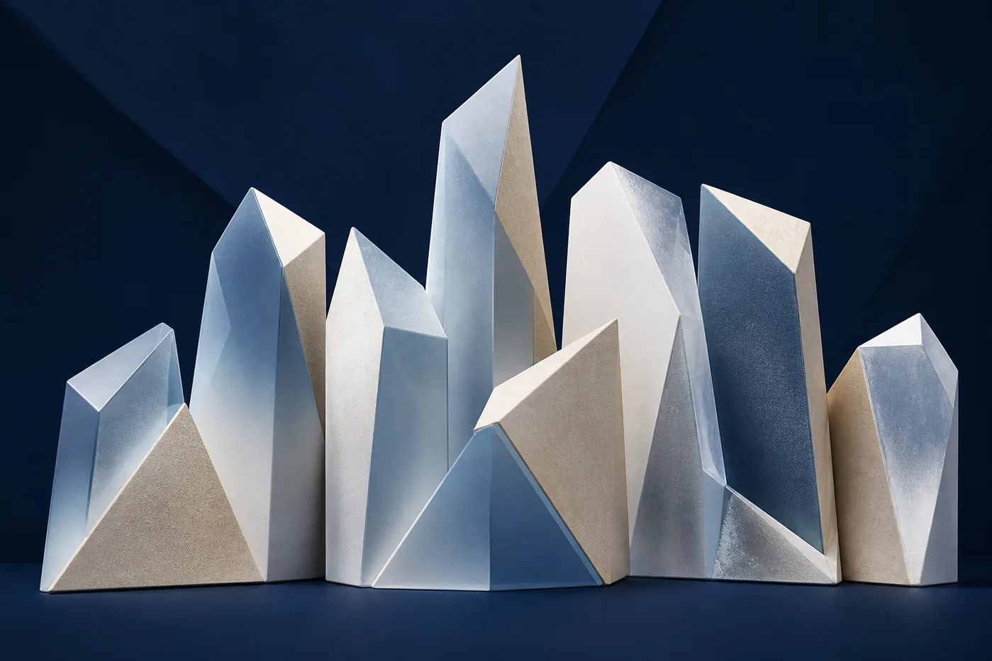 Ensemble de formes architecturales abstraites sur fond bleu
