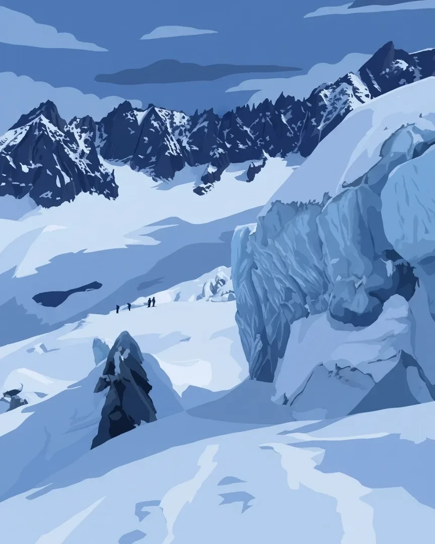 Illustration bleue d'un glacier et de séracs en haute montagne
